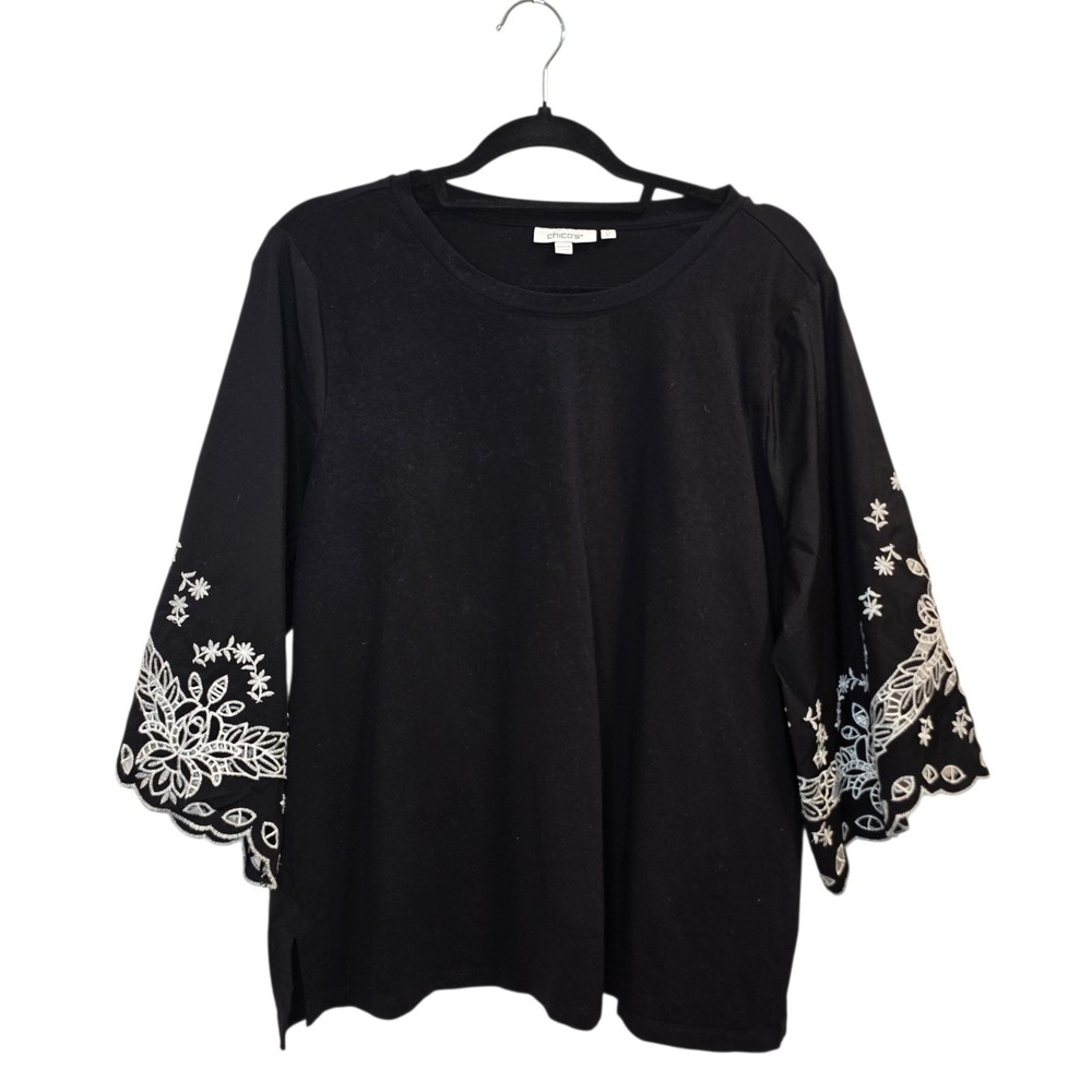 Chicos Black Embroidered Bell Sleeve Top Women XL 3